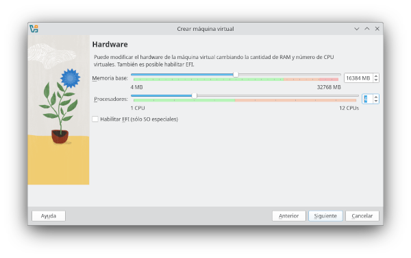 Pantalla para asignar recursos á máquina virtual